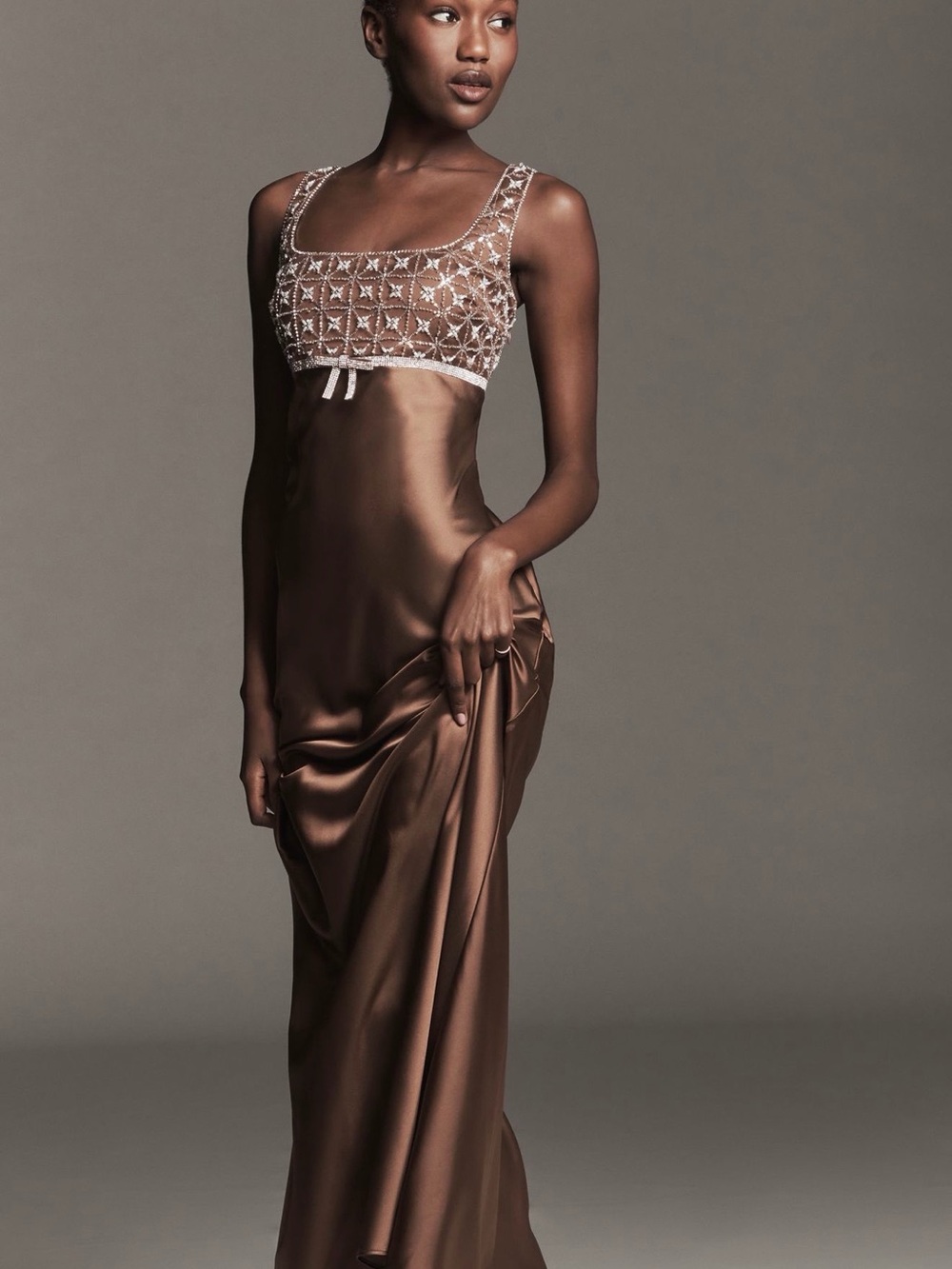 SAYLOR Brown Satin Long Slip with Embroidered Bodice